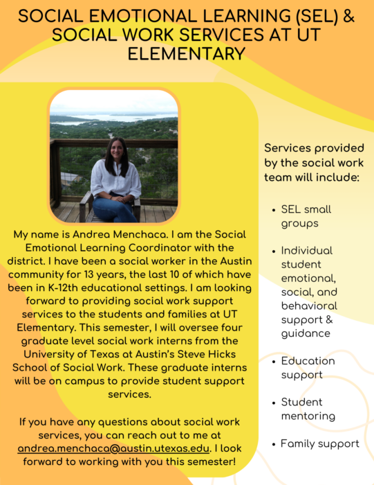 Flyer for social work services provided at UT Elementary. The same information is found below the image.