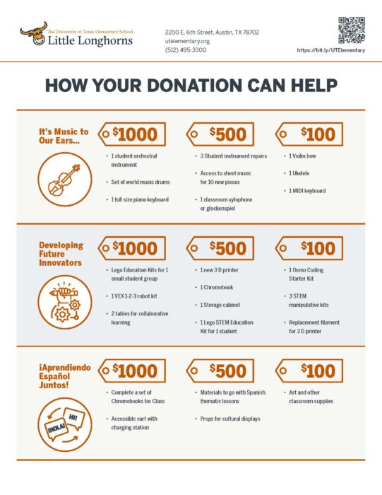 An infographic explaining that a gift of $1,000 would buy a violin, Lego Kit or classroom computers